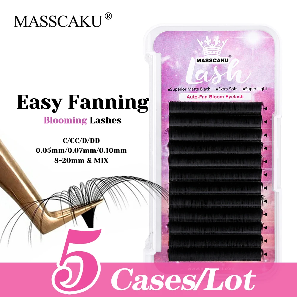 5cases/lot Hot Sale MASSCAKU Long-lasting Auto Blooming Eyelashes 8-17mm and Mix Size Natural Self-fanning Lash Easy to Operate