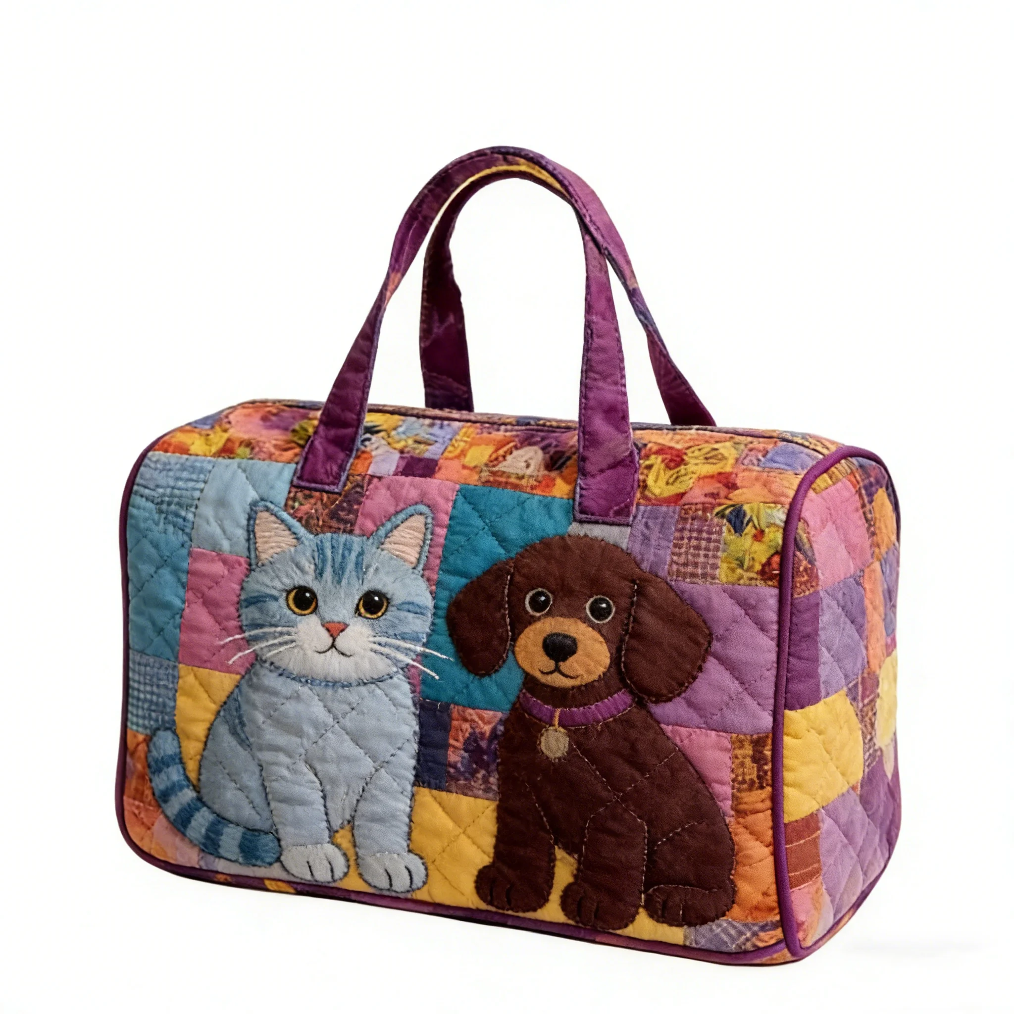 

Retro Cats And Dogs Trailer Quilted Duffle Bag Colorful Pine Tree Sunset Cmping Travel Tote Men Women Handbag Bag