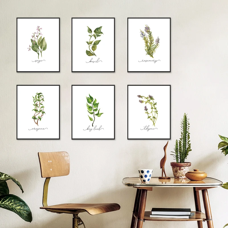 Herb Collection Art Prints Watercolor Poster Oregano Sage Rosemary Basil Thyme Canvas Painting Kitchen Wall Pictures Decor