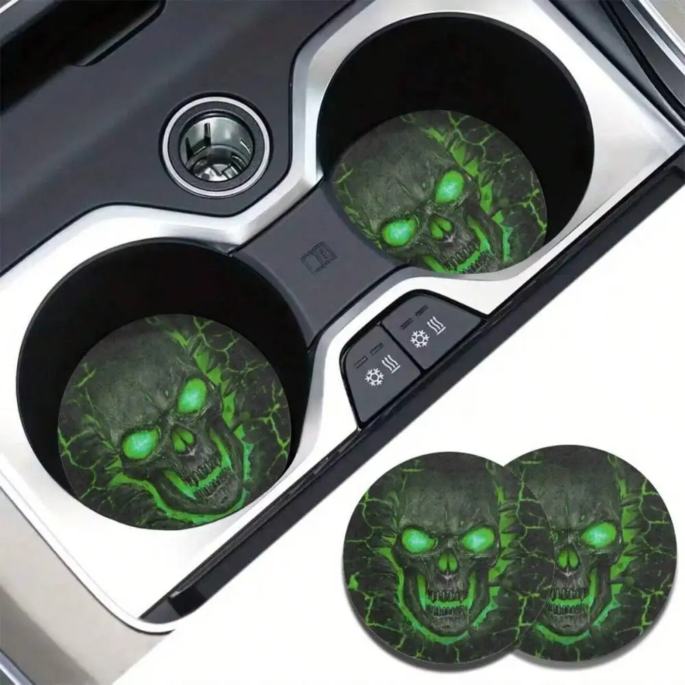 Skull Skeleton Print Car Cup Holder Coasters 2pcs Decor Interior Accessories For SUVs & Trucks