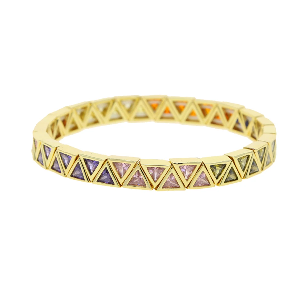 New Iced Out Triangular Stretch Bracelet Gold Color Cubic Zirconia Rainbow Bangle For Women Fashion Jewelry