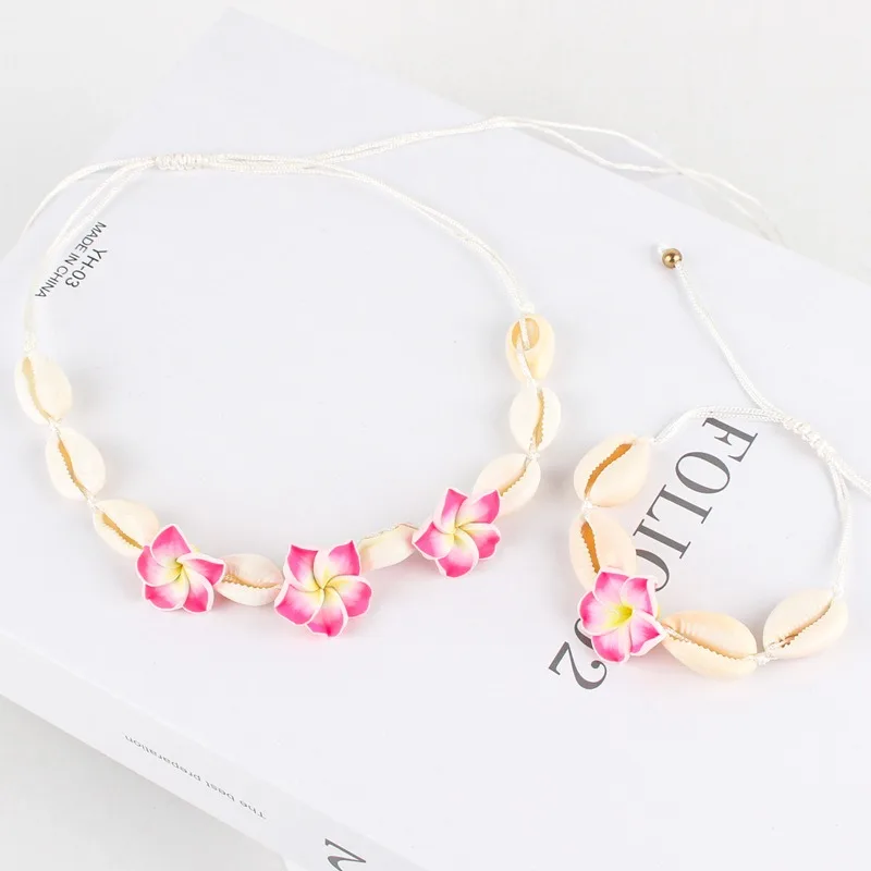 Bohemia Colorful Tulip Flower Shell Handmade Woven Rope Bracelet for Women Girls Sweet Delicate Flower Bracelet Necklace Gifts