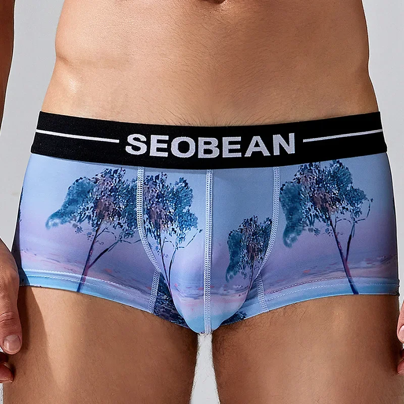 Boy U Convex Pouch Boxy Underwear for Men Low Waist Polyester Digital Print Aro Pants Comfortable Thin Single-layer Boxer Shorts