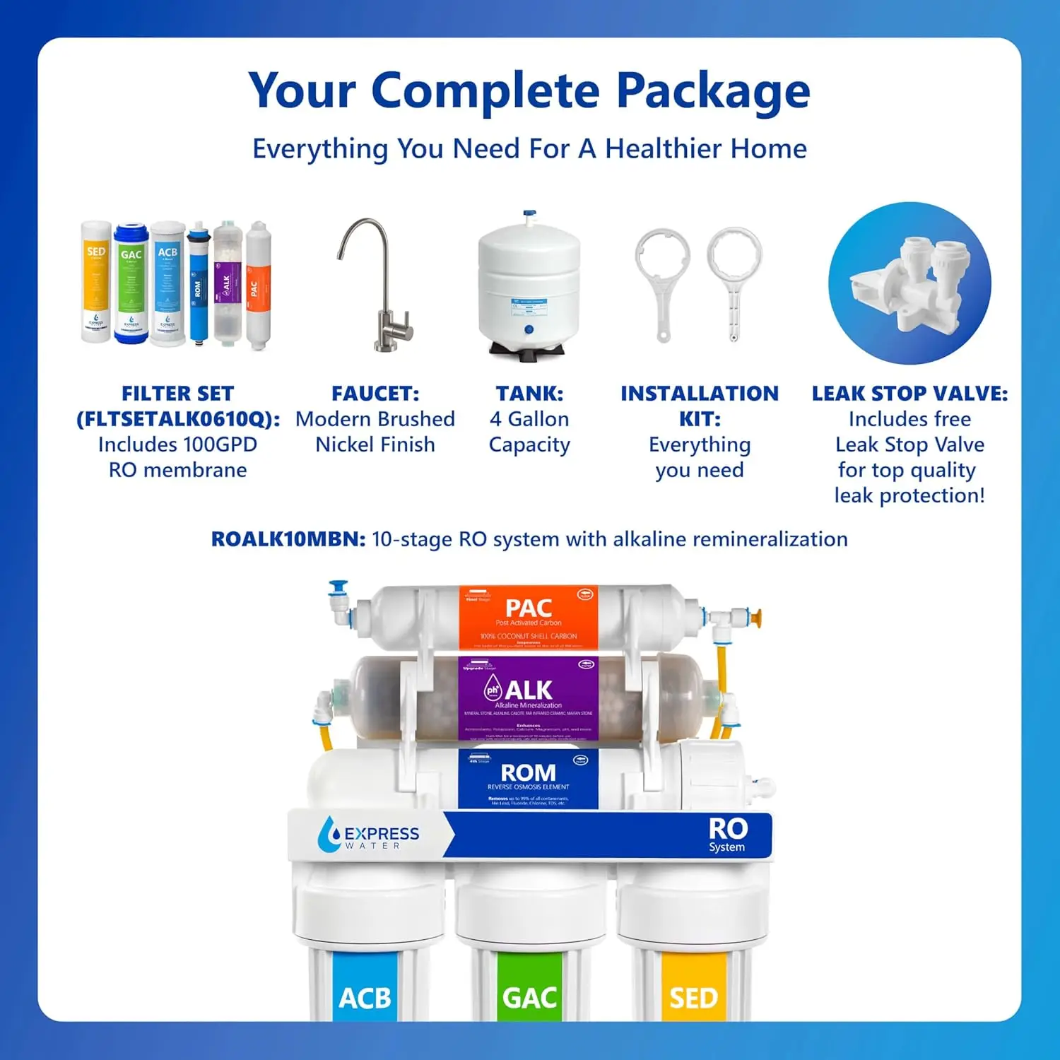 10-Stage Reverse Osmosis Alkaline Water Filter System with Faucet and Tank, 100 GPD