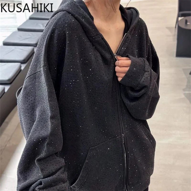 KUSAHIKI Diamond Fashion Casual Versatile Long Sleeved Hooded Cardigan Coat 2024 Spring Autumn New Women Sweatshirt Top