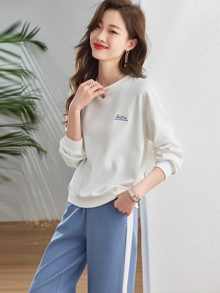 Vimly Loose Fit White Sweatshirt Tracksuit Two Piece Sets for Women 2023 Autumn Casual Outfits Elastic Waist Wide Sweat Pants