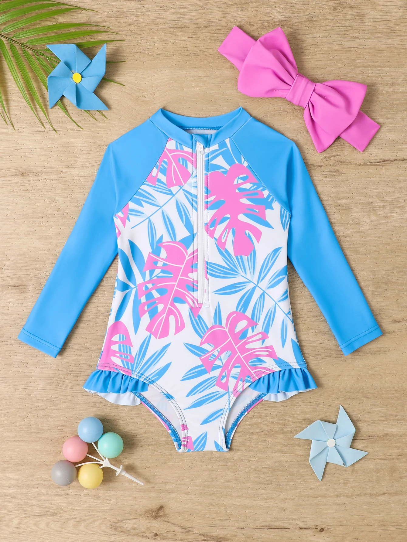 Baby Summer Swimsuit Long Sleeve Pleated Dress Flower Zipper Beach Wear One-piece Baby Swimsuit