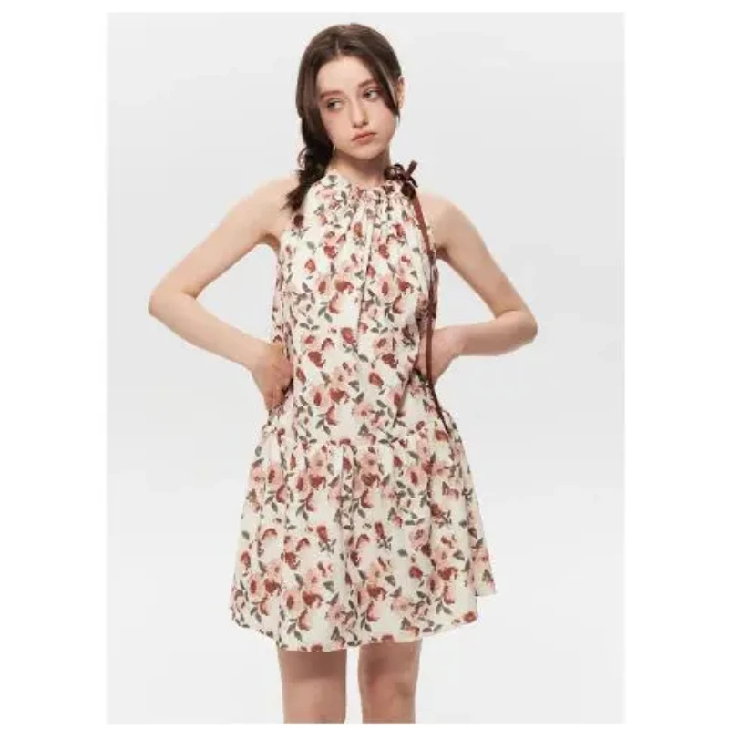 2025 verão halter floral mini vestido feminino hotsweet fora do ombro a linha sem mangas vestidos y2k moda festa