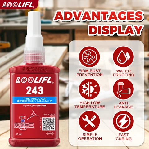 243 Blue Medium Strength Threadlockers, Universal Thread Adhesives, For All Metal Threaded Components, Removable Waterproof 50ML