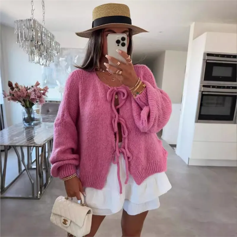 

Round Neck Tie Knit Cardigan Jacket New Solid Color Commuting Minimalist Design Long Sleeves Sweater Winter Clothes Woman