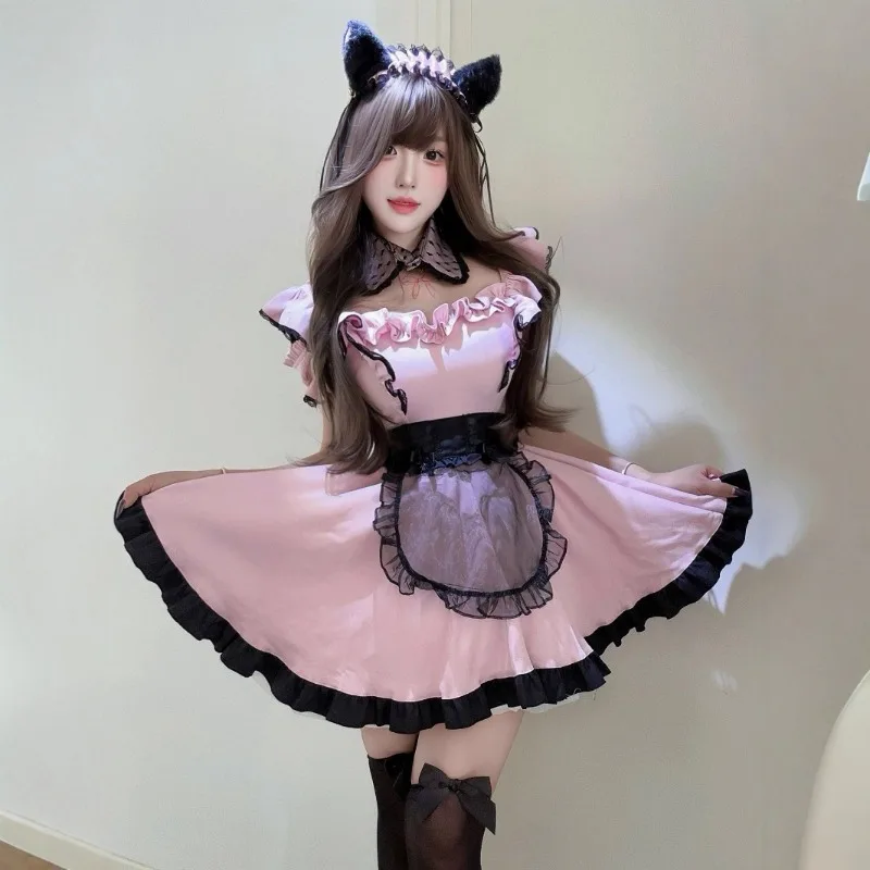

Japanese Cute Maid Cosplay Costume Soft Girl Pink Lace Dress Uniform Headband Full Set for Women Sweet Lolita Mini Dresses