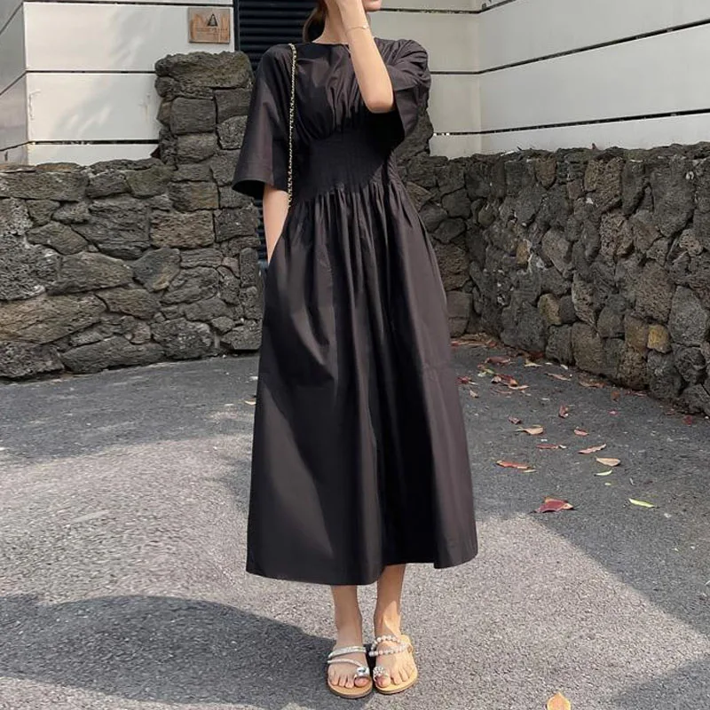 Fashion Elegant Solid Color Waist Women\'s Dresses Summer Vintage Casual Short Sleeve Simplicity Pockets Dress Female Clothing