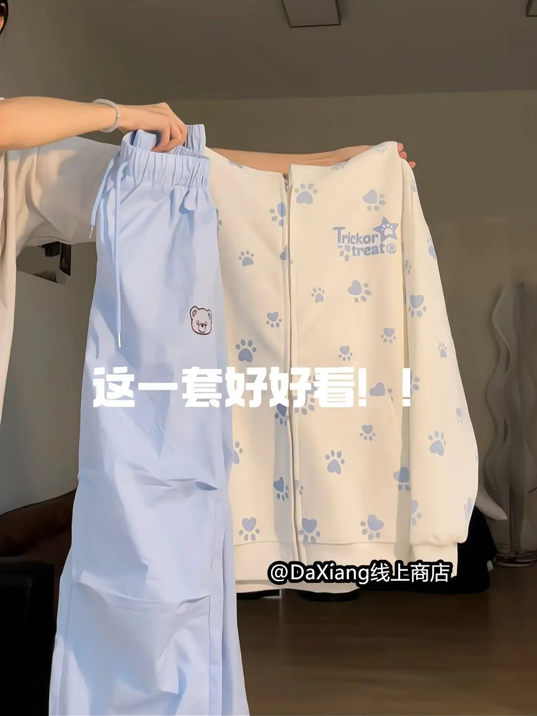 

Loose Preppy Style Two Piece Sets Womens Outifits Cute Dog Paw Print Zip Up Hoodie + Casual Wide-leg Pants Women Y2k Suits