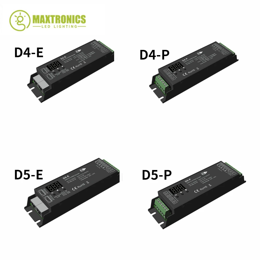 

DC12-36V/48V D4-E D4-P 4 Channel PWM DMX Decoder D5-E D5-P 5CH DMX512 Controller Digital Display XLR3 RJ45 For RGB RGB +CCT Tape