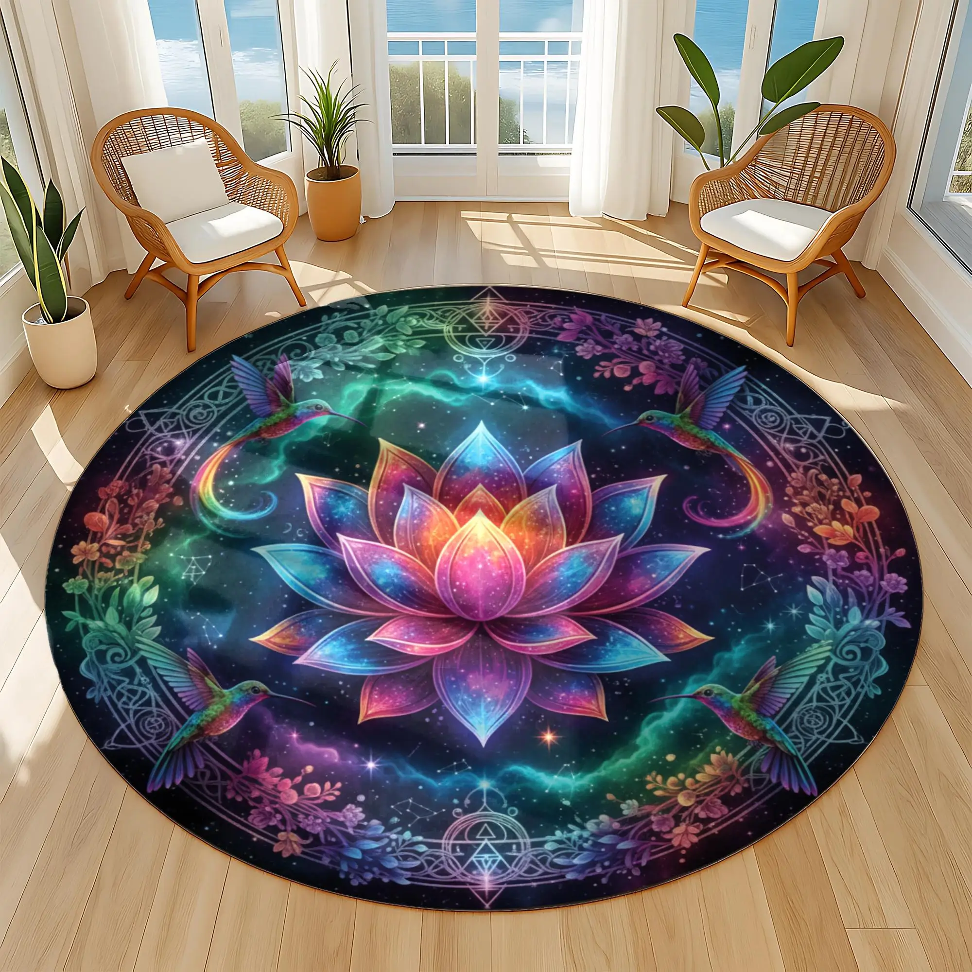 Round Area Rug, Non‑Slip Burgundy Sacred Geometry Golden Lotus Circular Carpet for Zen Meditation Room Home Decor