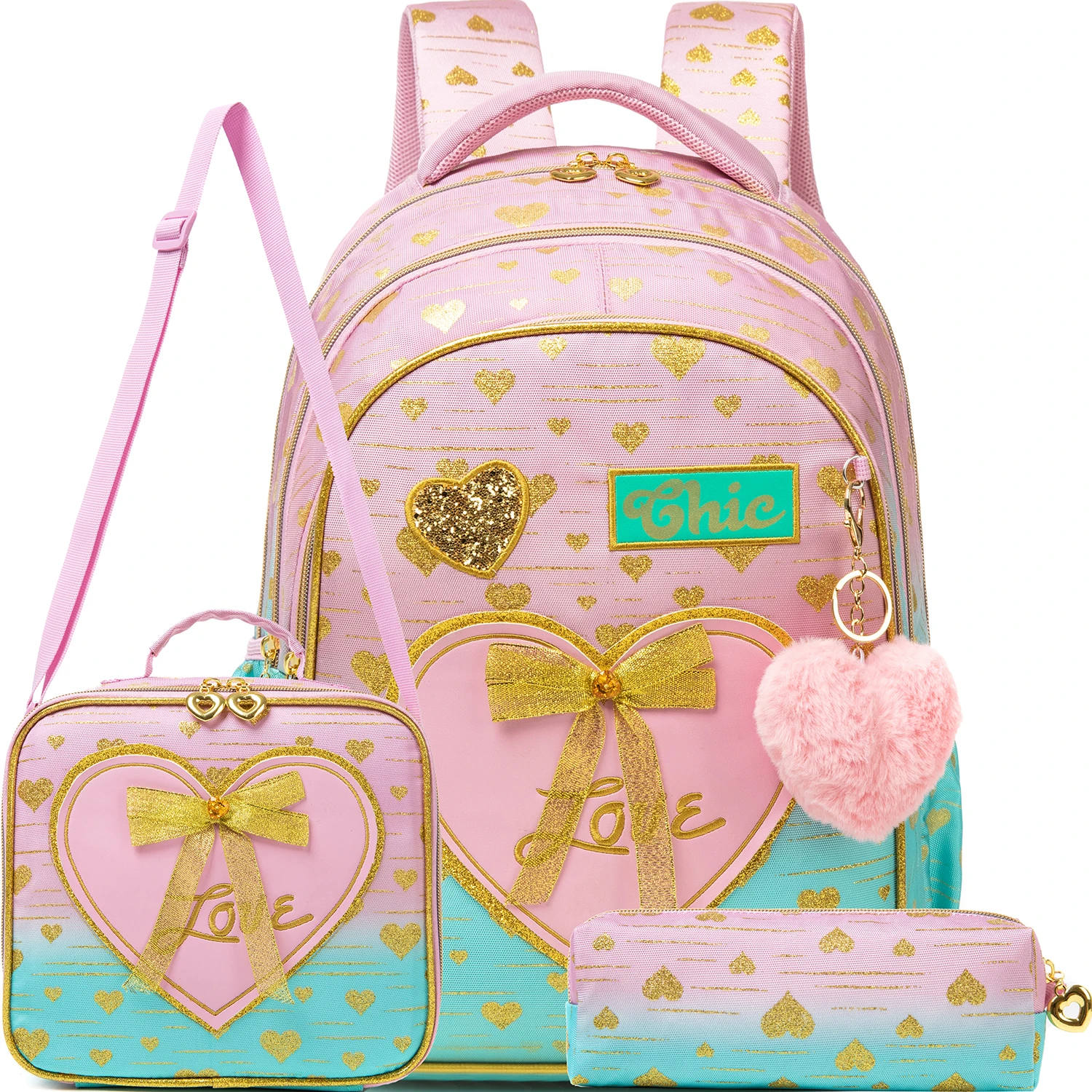 Girls Canvas Backpack Set with Lunch Box, School Laptop Bookbag for Elementary Students
