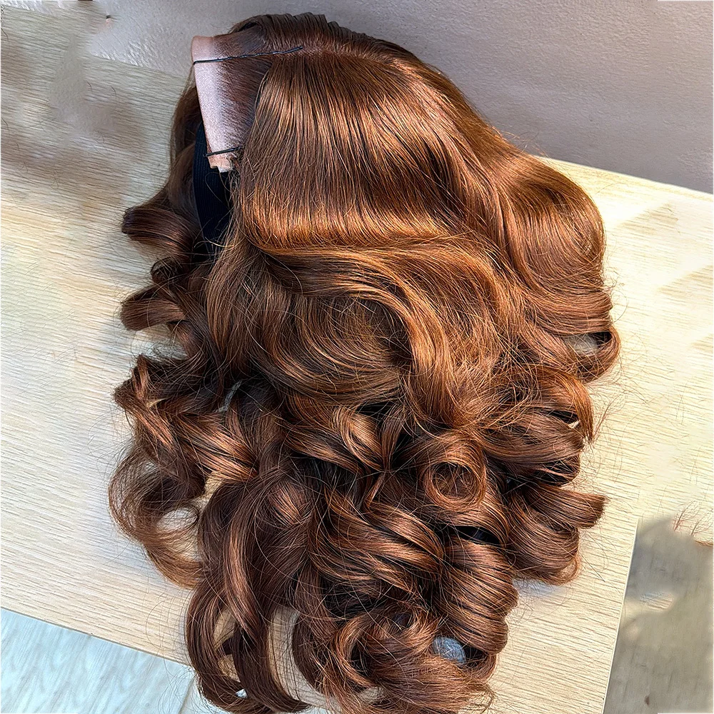 32 34 Inches Brown Bouncy Curly 400% Human Hair Colored Wigs 13x4 4x4 HD Transparent Lace Frontal Wigs Glueless Pre Plucked Wigs