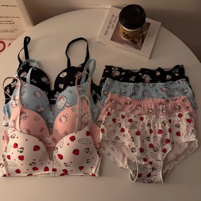 

Kawaii Sanrio Hello Kitty Women Sexy Bra Brief Set Cartoon No Wire Push Up Underwear Female's Pink Breathable Gathered Bra Gifts