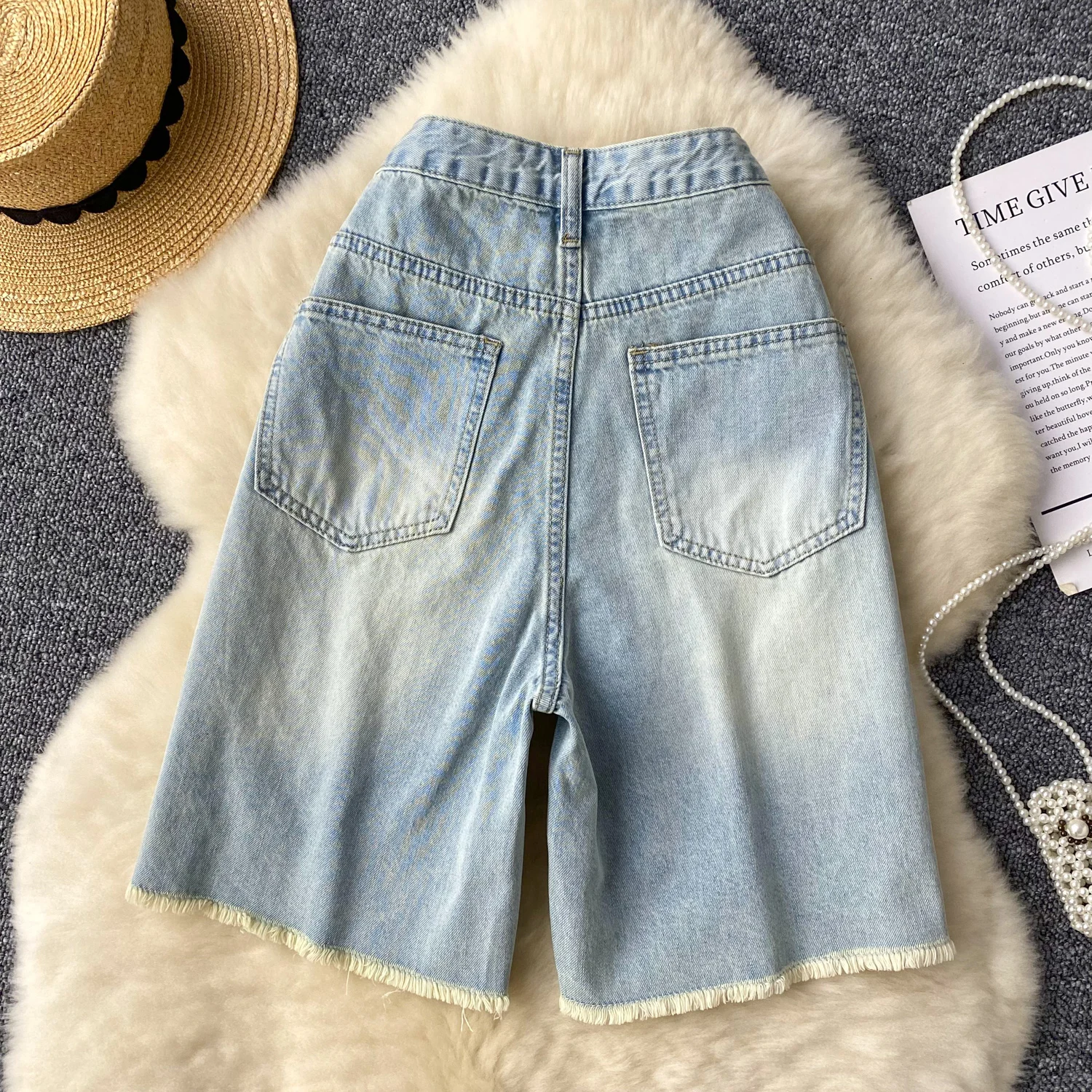 Summer Vintage Distressed High Waisted Jeans Pants Slim Casual Straight Wide Leg Shorts For Capris Women