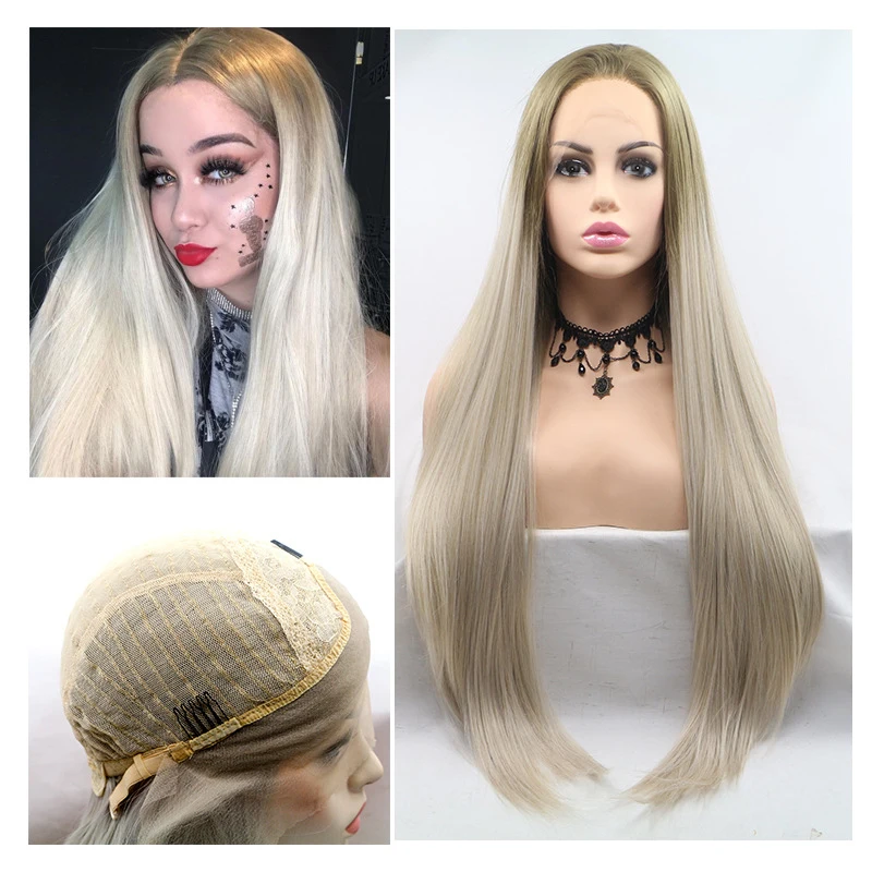 

Elegant sandy gold long straight hair lace front synthetic wig with rose elastic inner net