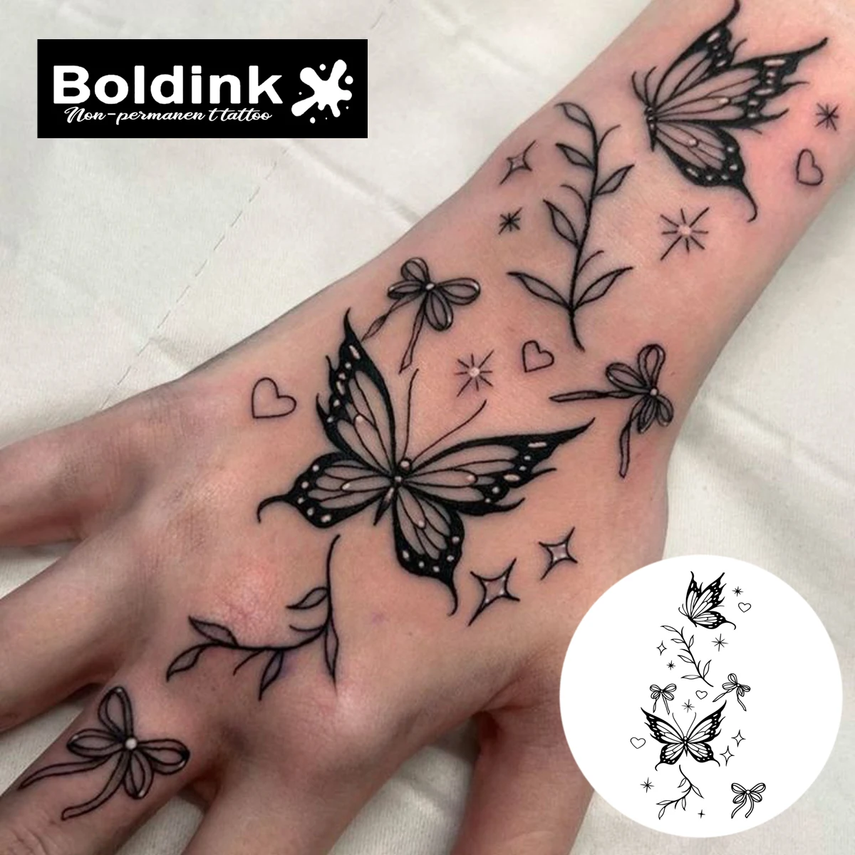 Boldink Plant-based Y2K Butterfly Bow Fine Line Temp Tattoo Set for Edgy Hand Jewelry, Trendy Micro Tattoo Fans & Daily Chic.