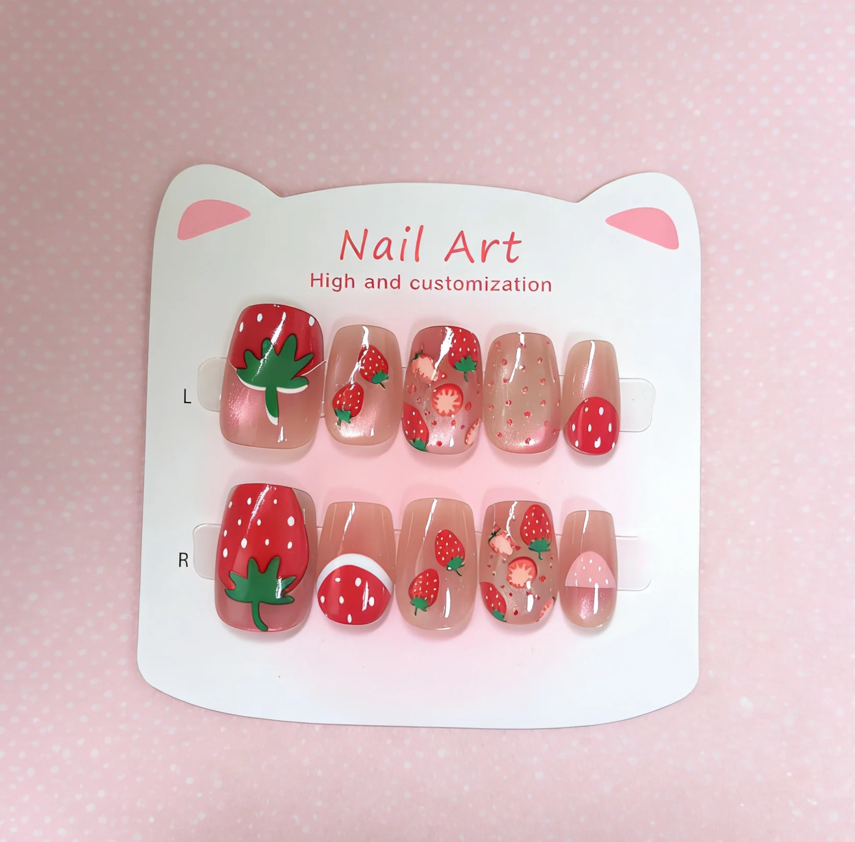 

10 шт. коротких квадратных накладных ногтей с милым дизайном клубники, многоразовые искусственные ногти, сладкие красно-розовые накладные ногти с эффектом кошачьего глаза для женщин и девушек