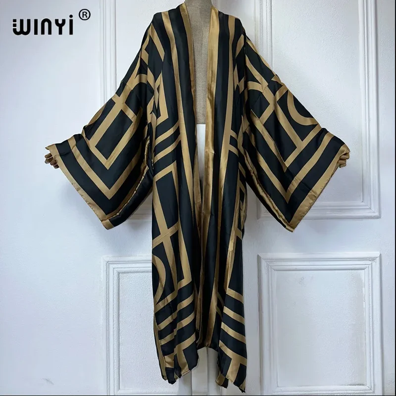 WINYI 2026 Kimono Women Printed Bubble Hem Coat Long Sleeve Cardigan Abaya Dubai Luxury Beachwear Cover Up Boho Dress Caftan