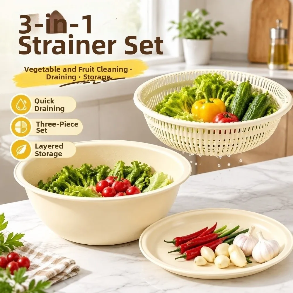 3Pcs/Set 3in1 Vegetable Washing Basin Large Capacity Stackable Fruit Drain Basket Multi-functional Quickly Drain 5