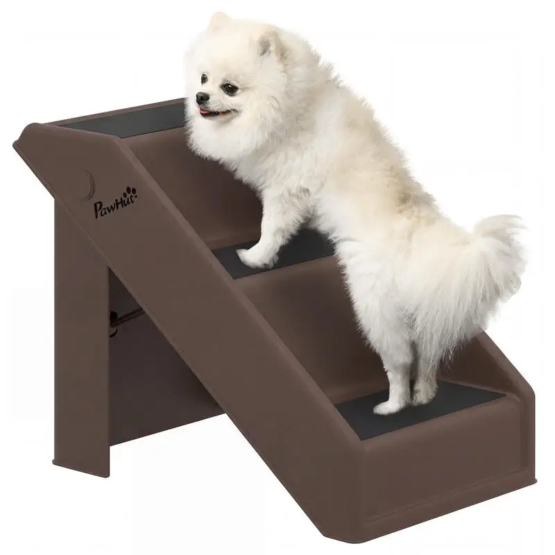 Hundetreppe, 3 Stufen, 36,5 cm hoch, faltbare Haustiertreppe für kleine Hunde, für Bett, Sofa, Couch, Auto, braun