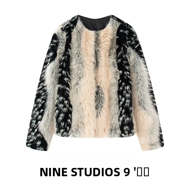 سترة صوفية مفتوحة غير رسمية فضفاضة ذات تأثير من الفرو الاصطناعي ملابس نسائية أوروبية طويلة ملابس خارجية شتوية