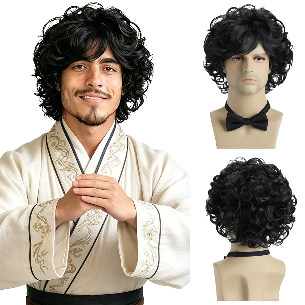 

Men's Black Short Curly Wig 10 Inch Fluffy Natural Synthetic Wigs Heat Resistant Wig For Men Daily Wear Cosplay Halloween Party