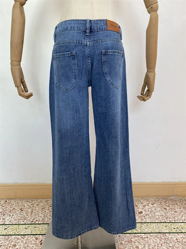 Pantalones vaqueros finos acampanados con estampado de bambú para mujer, pantalones vaqueros holgados de otoño, pantalones holgados Retro con parte inferior acampanada de cintura alta para mujer