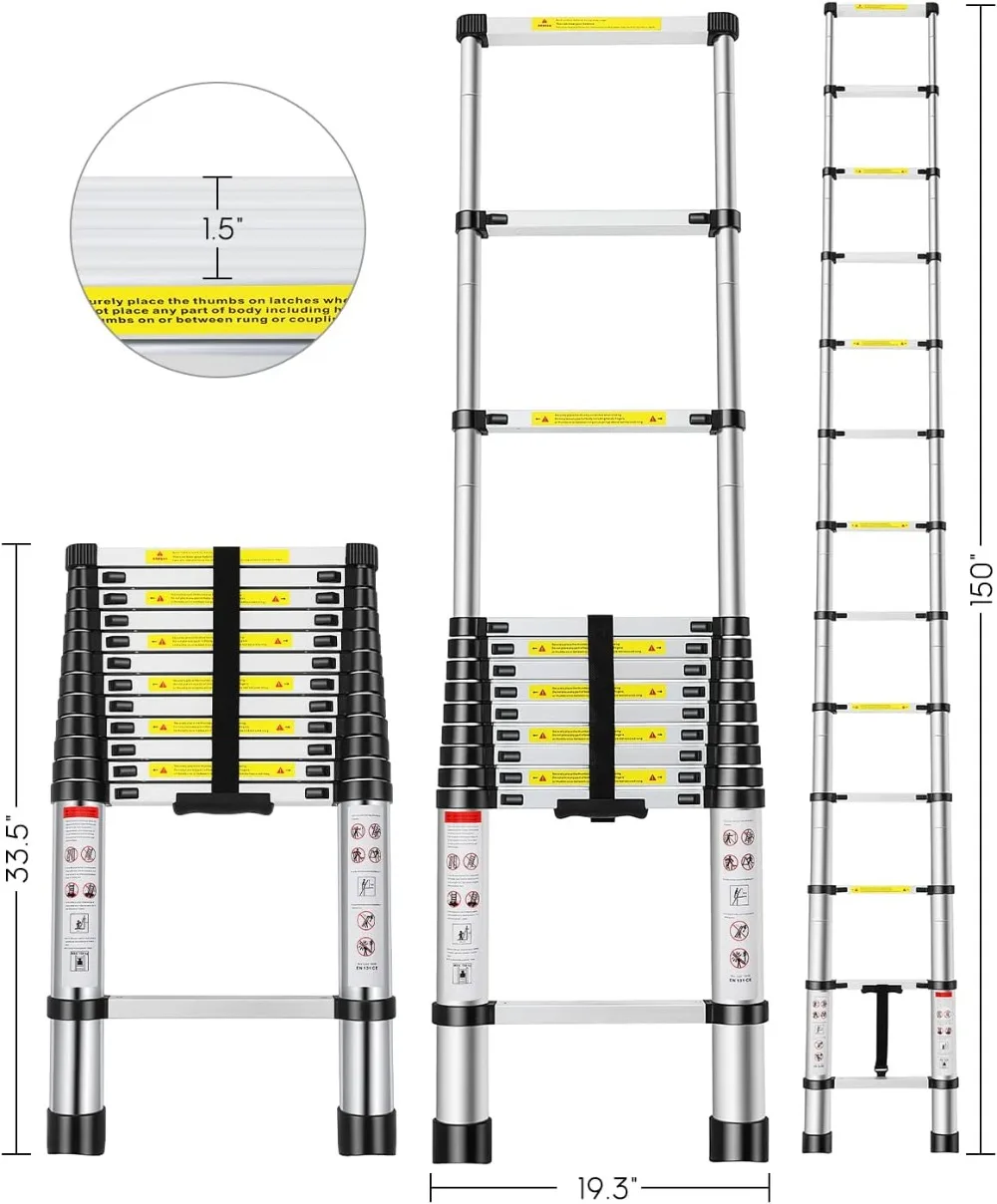 Échelle télescopique portative, échelle d'extension en aluminium de 12,5 pieds avec 2 protections en caoutchouc coordonnantes