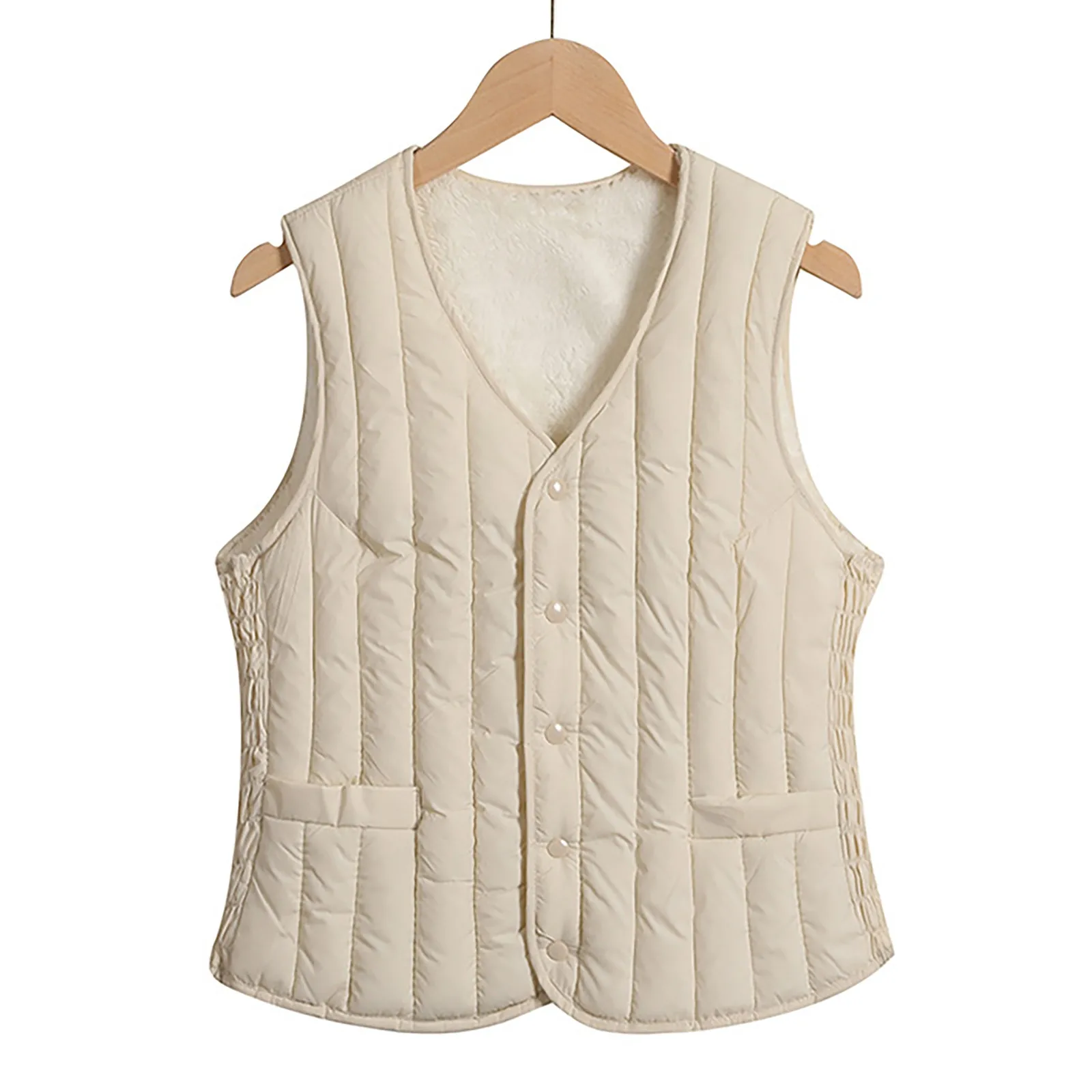 

2024 Autumn Winter Warm Vest Jacket V-Neck Sleeveless Plush Coats Casual Solid Color Button Outwear Coats