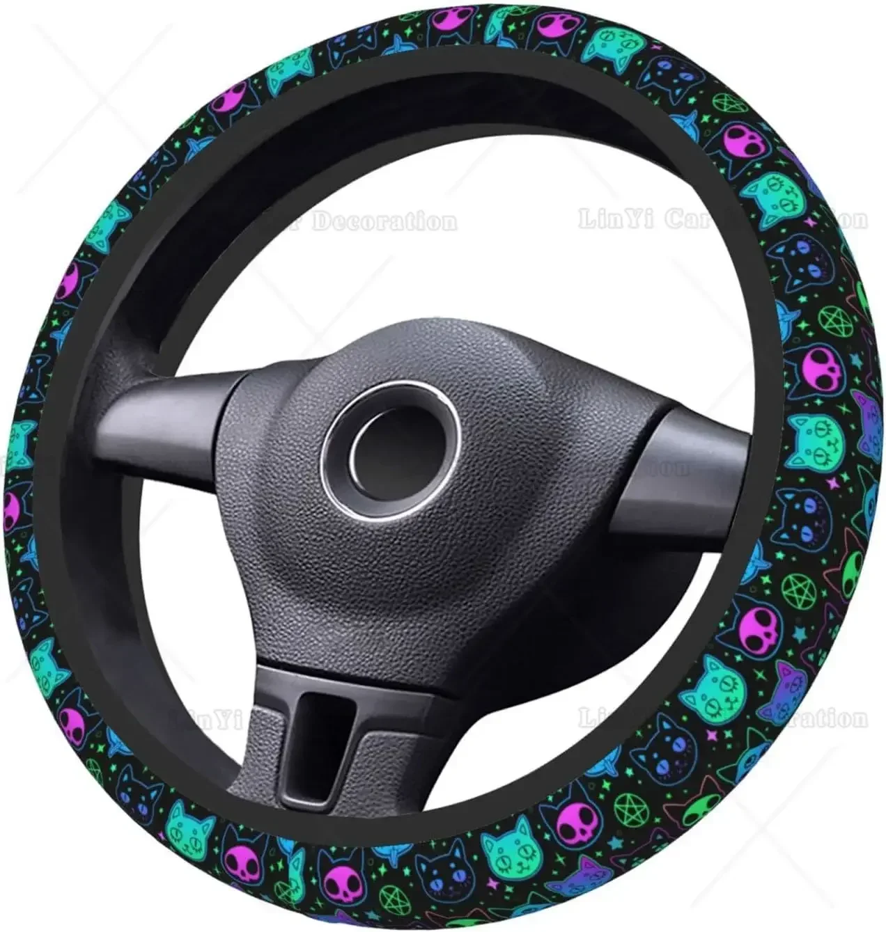 Witchcraft Cat Cute Steering Wheel Cover Universal 15 Inch Car Accessories Protector for Women Men Girls Fit Most Vehicles