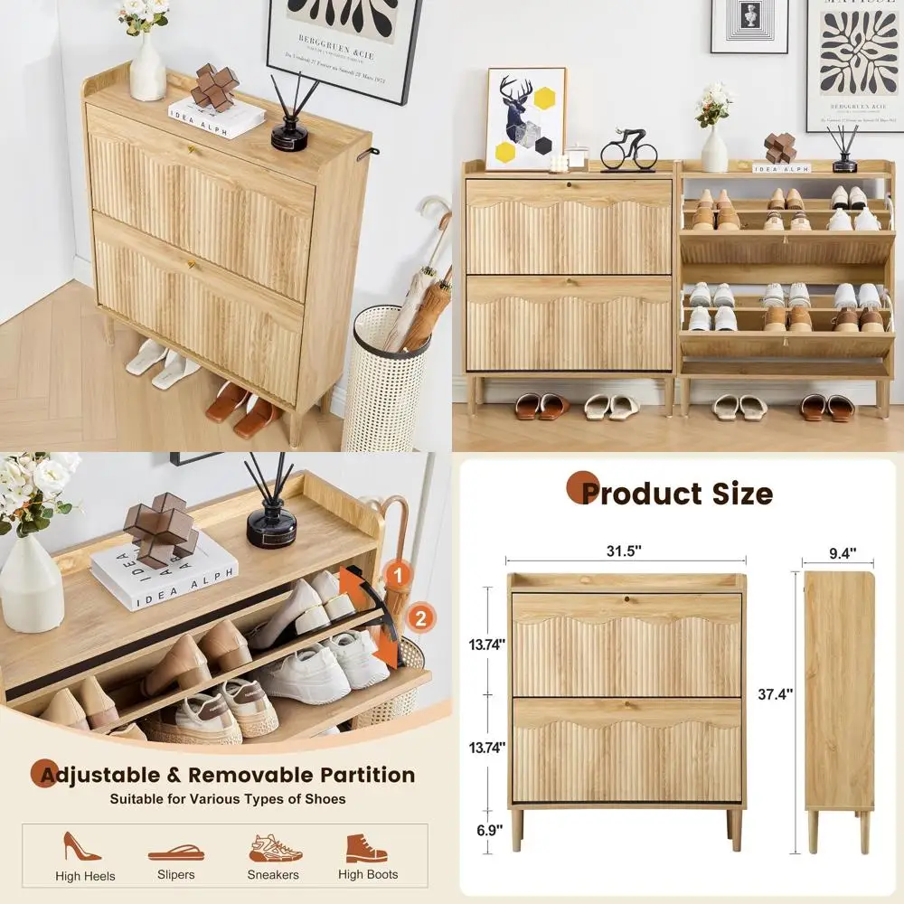 Narrow Freestanding Shoe Cabinet with Fluted Design and 2 Flip Drawers for Light Wood Entryway Storage