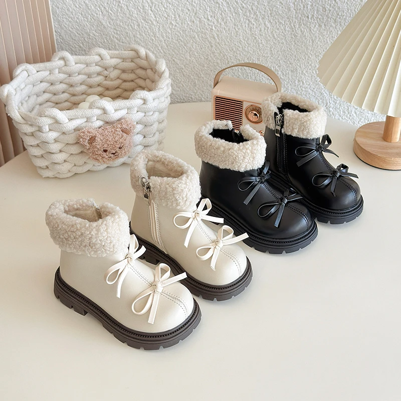 

Girls' Boots 2025 Winter New Fashionable Plush Warm Simple Bowknot Kid's Cotton Boots Elegant Versatile Children's Shoes 23-35