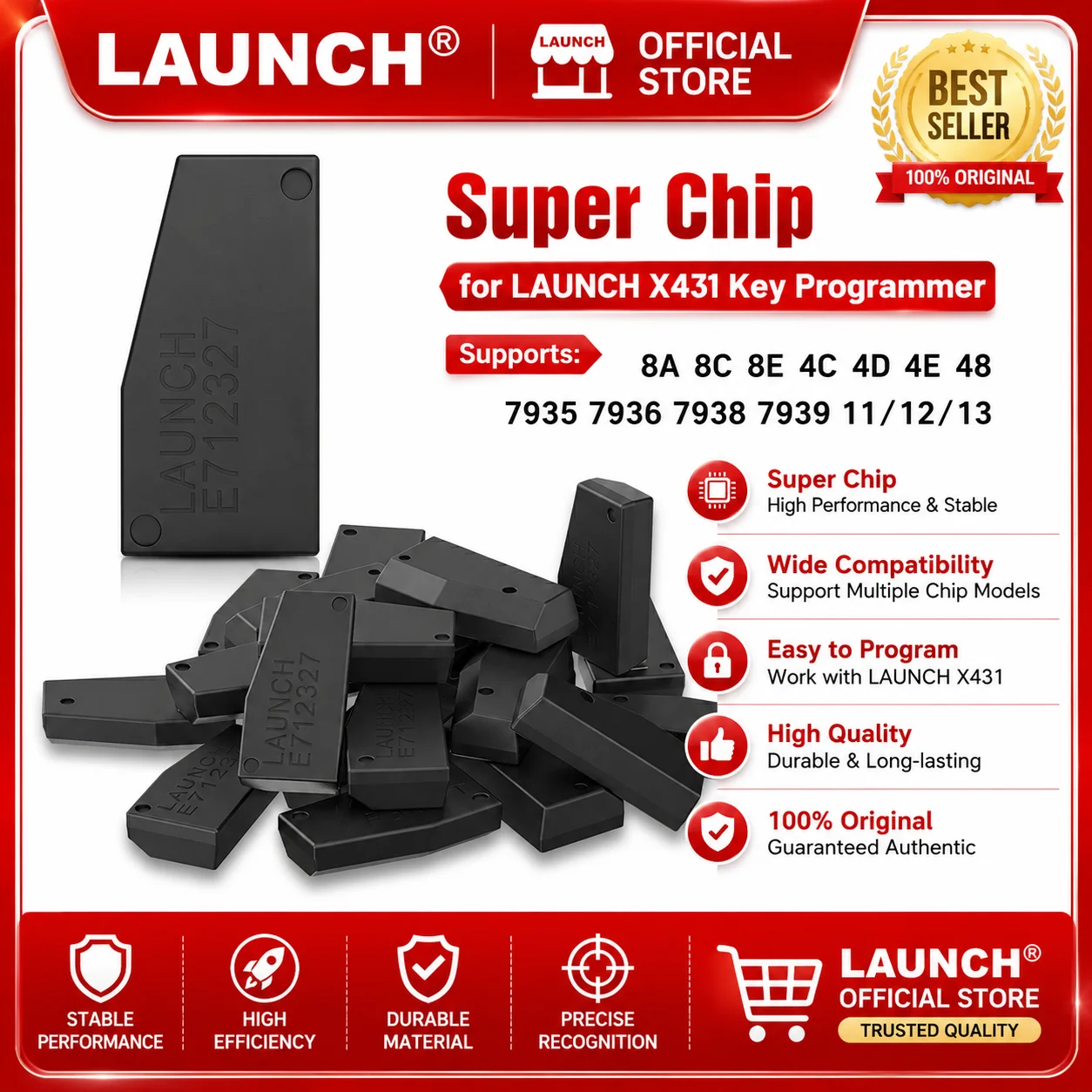 LAUNCH Super Chip Work with X431 Key Programmer & Remote Maker, Universal Car Key Transponder Chip Support 8A 8C 8E 4C 4D 4E 48