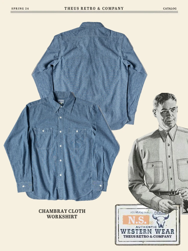 Classic Youth Chambray Workwear Shirt Double Pocket American Retro 50s Sle Long Sleeve Cotton Button Decorated Standard Fit