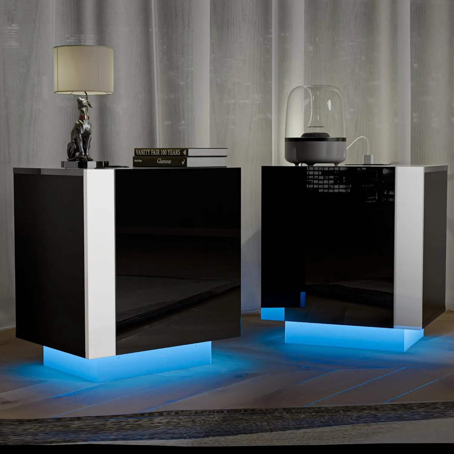 Modern Set of 2 Black LED Nightstand with Charging Station, Cozy Castle Bedside Tables for Bedroom