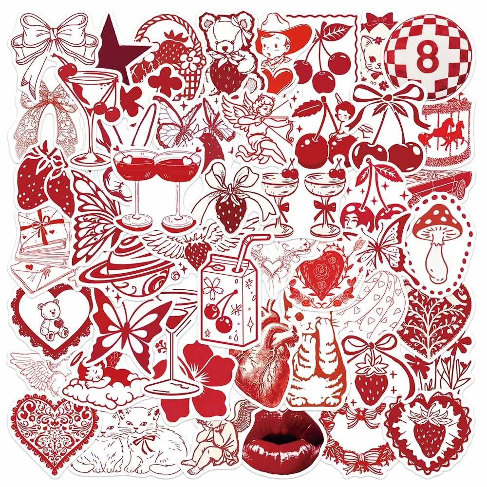 

50PCS Cute Red Valentine's Day Simple Stickers for Valentine Parties Photo Albums Phone Decal Cartoon Valentine Pattern Stickers