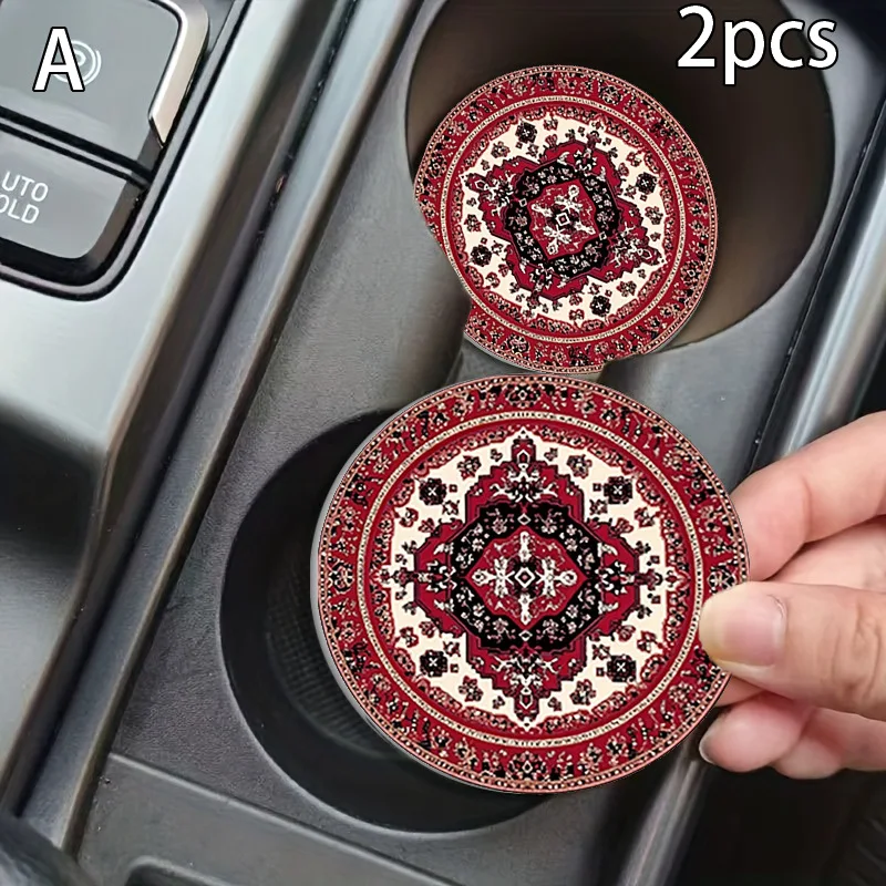Oriental Vintage Car Cup Holder Coasters 2Pcs Leather Non Slip Water Proof Cup Pad Universal 7cm Auto Coaster Set Easy Clean Veh