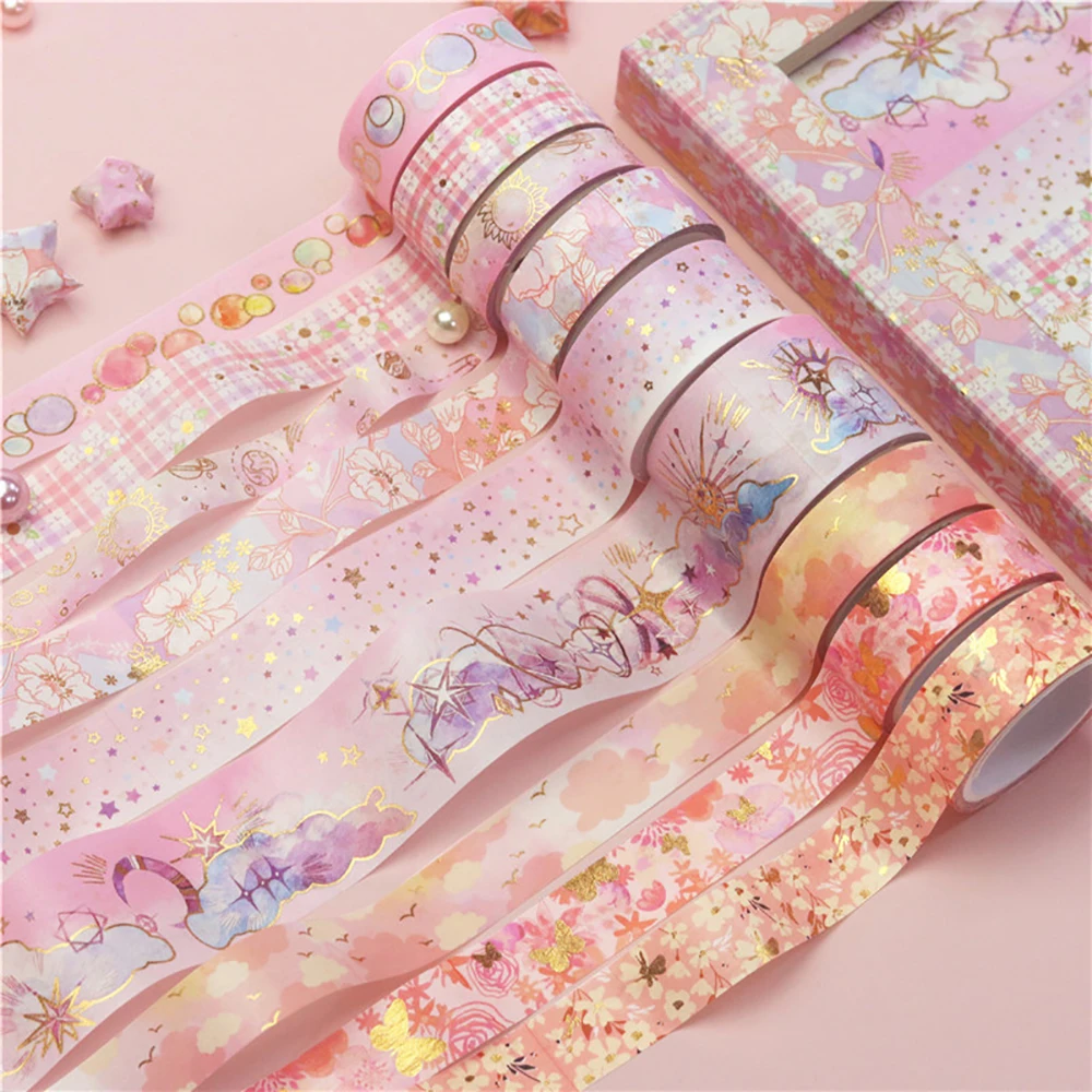 9Pcs/Set Pink Gold Stamping Washi Tape Retro Series Decorative Tape Masking Tape Scrapbook Diary Stickers School Supplies Supply