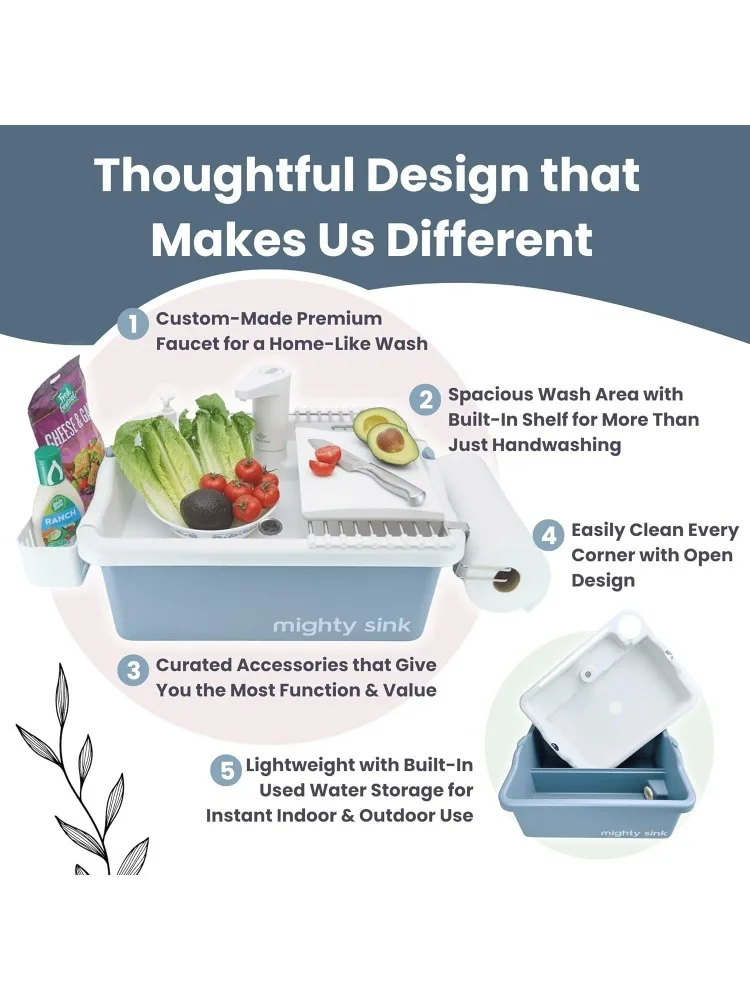 الحوض: محطة غسيل حاصلة على براءة اختراع مع صنبور إلكتروني سعة 2 جالونًا سهلة الإعداد |   الاستخدام الداخلي والخارجي مثالي لغسل الأطباق