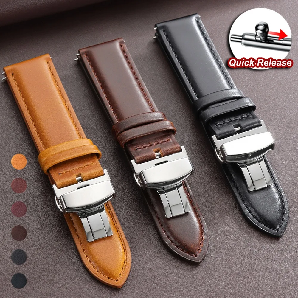 

Leather Watch Band 18mm 20mm 22mm Black Brown Red Men's and Women's Casual Strap Quick Release Butterfly Clasp Wristband