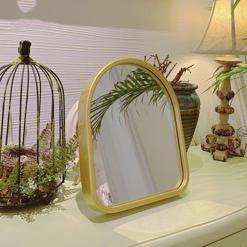 

Nordic Mirror Bathroom Gold Metal Frame Design Antique Portable Dressing Table Mirror Makeup Miroir Mural Aesthetic Room Decor