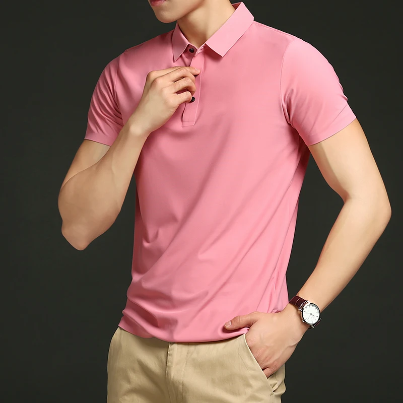 Camisa polo de manga curta masculina, seda de gelo sólida, seda sem traceless, camiseta elástica solta, polo fino sem ferro, luxo leve, golfe