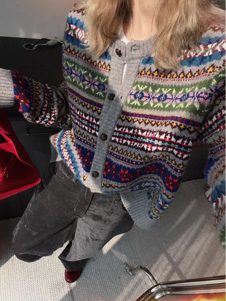 

HEIDD Autumn Winter Fair Isle Knitted Cardigan Woolen Knitwear Long Sve Women's Striped Open Front Tassel Detail