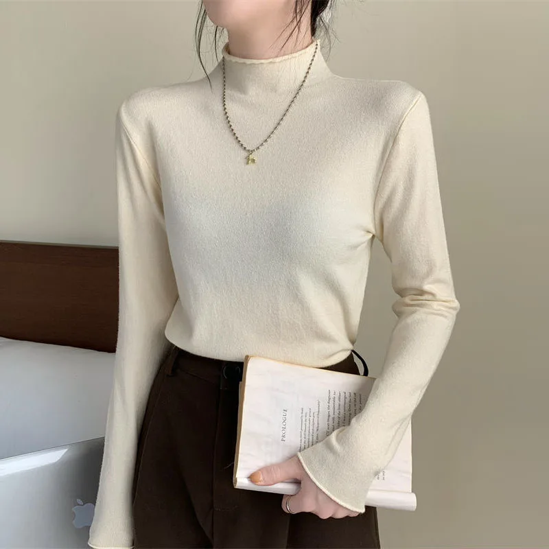 

Knitted Sweater Women Pullovers New Long Sleeve Mock Neck White Knit Sweater Pullover Women Tops Sweaters Sueters De Mujer Q800