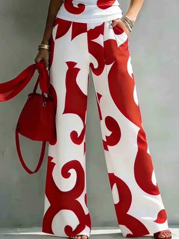 Missuoo Women's Red & White Abstract Swirl Print High Waist Flowy Wide Leg Pants 2026 Summer Casual Party Wear Trousers